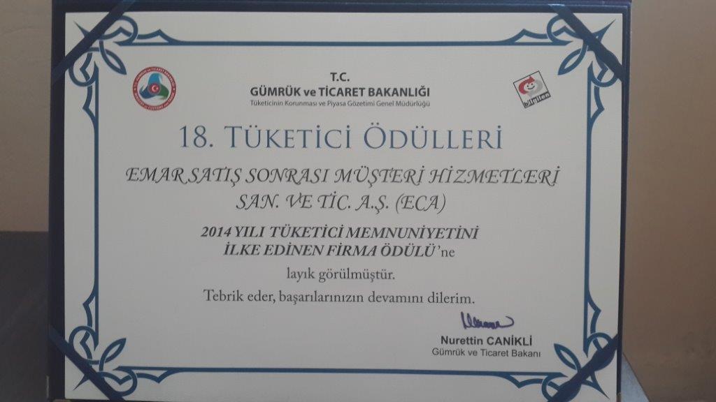 ECA – EMAR A.Ş TÜKETİCİ MEMNUNİYETİNİ İLKE EDİNEN FİRMA ÖDÜLÜNÜ KAZANDI…