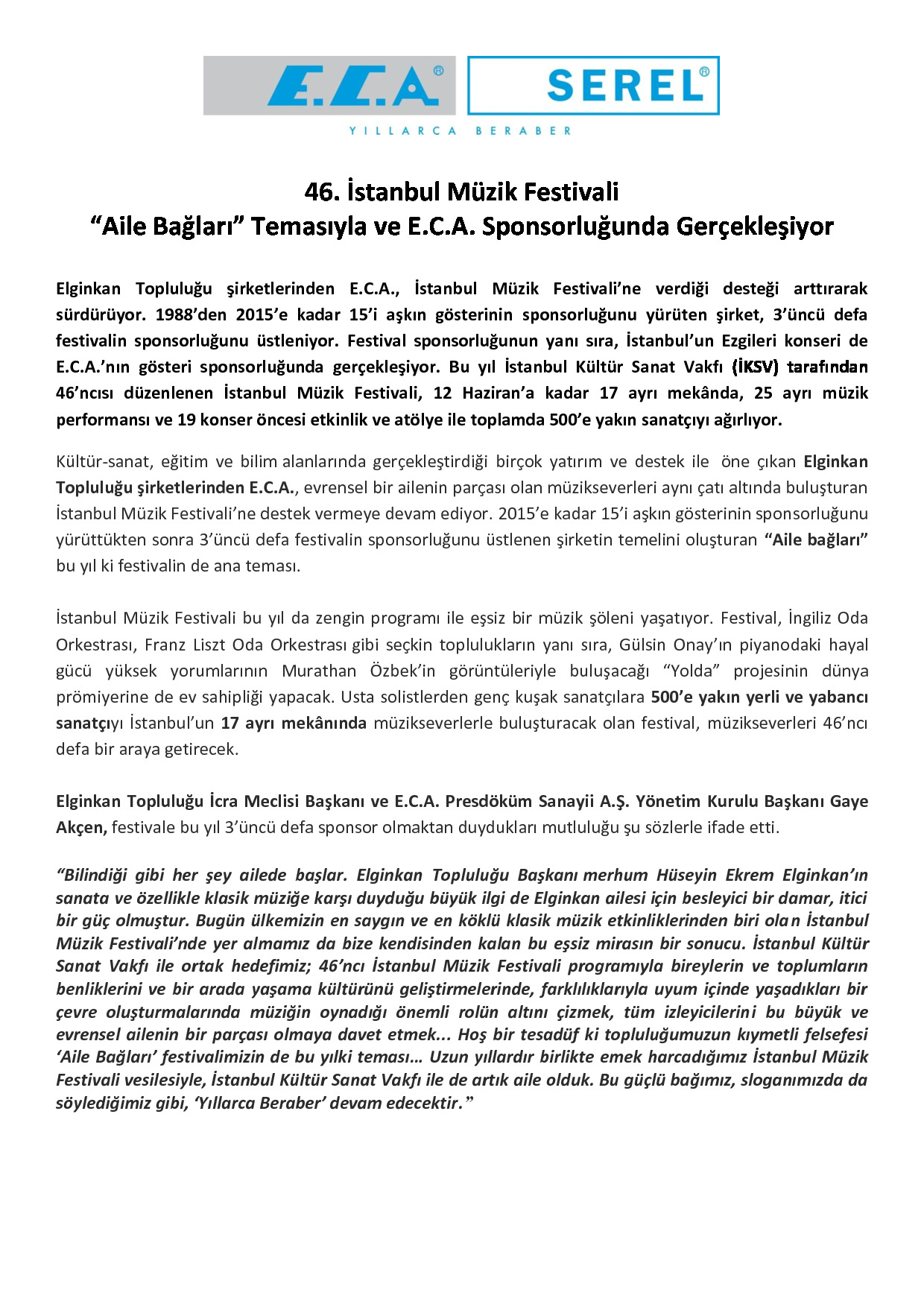 46. İstanbul Müzik Festivali “Aile Bağları” Temasıyla ve E.C.A. Sponsorluğunda Gerçekleşiyor